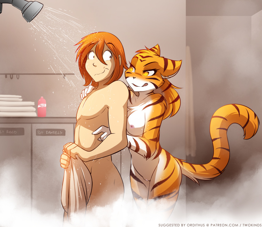 2018 anthro breasts covering covering_self daniels_(twokinds) duo ears_back feline female fur hair hand_on_shoulder hi_res human inside keidran licking licking_lips locker male mammal multicolored_fur nervous nipples nude orange_fur pussy red_hair seductive shower showering smile smirk steam striped_fur stripes therie_sah-van tiger tom_fischbach tongue tongue_out towel twokinds water wet white_fur yellow_eyes