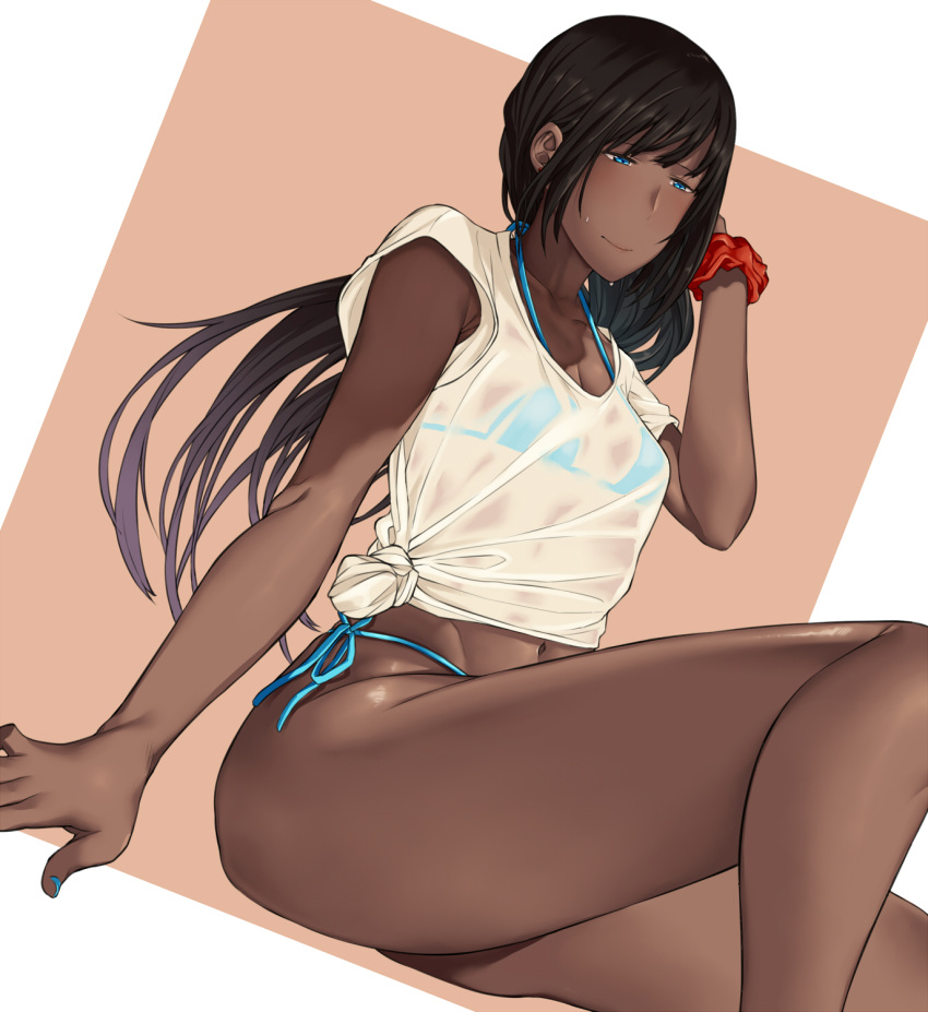 armpit_peek bad_id bad_pixiv_id bare_arms bare_legs bikini bikini_under_clothes black_hair blue_bikini blue_eyes blue_nails closed_mouth collarbone commentary dark_skin dutch_angle hai_ookami half-closed_eyes hand_in_hair hand_up highres knee_up long_hair nail_polish navel original red_scrunchie scrunchie see-through shirt short_sleeves side-tie_bikini side-tie_bottom sitting solo stomach sweat swimsuit tied_shirt wrist_scrunchie