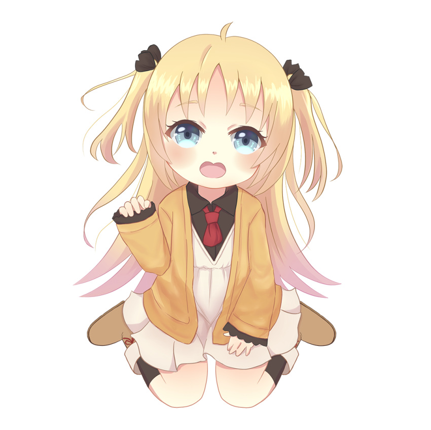 ahoge ascot bangs black_legwear black_ribbon black_shirt blonde_hair blue_eyes blush boots brown_footwear charlotte_izoard collared_shirt commentary_request dress eyebrows_visible_through_hair full_body fuwafuwa_no_fuwarin hair_ribbon head_tilt jacket kneehighs long_hair long_sleeves looking_at_viewer open_clothes open_jacket open_mouth pleated_skirt red_neckwear ribbon ryuuou_no_oshigoto! shirt simple_background sitting skirt sleeves_past_wrists solo two_side_up very_long_hair wariza white_background white_dress yellow_jacket