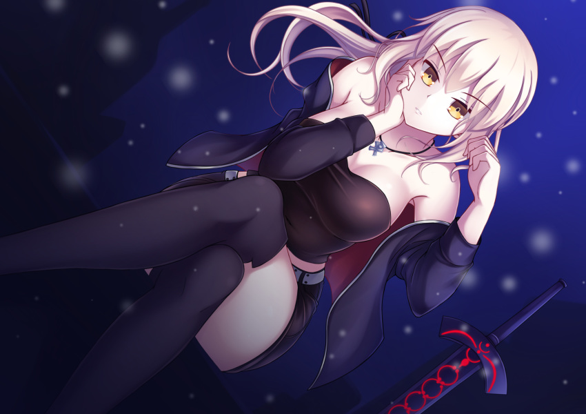 absurdres artoria_pendragon_(all) bangs bare_shoulders belt black_jacket black_legwear black_ribbon black_shorts blonde_hair blurry breasts cleavage collarbone covered_navel crossed_legs dark_background dark_excalibur dutch_angle euforia expressionless eyebrows_visible_through_hair fate/grand_order fate/stay_night fate_(series) hair_ribbon hand_on_own_cheek hands_up highres jacket jewelry long_hair long_sleeves looking_at_viewer medium_breasts necklace off_shoulder open_clothes open_jacket parted_lips pendant ponytail ribbon saber_alter short_shorts shorts sitting solo strapless thighhighs tsurime tubetop v-shaped_eyebrows yellow_eyes
