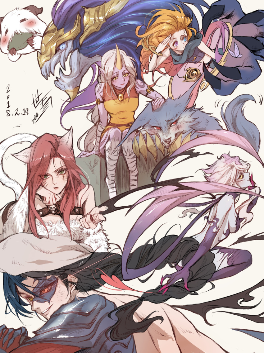 4girls absurdres animal_ears armlet armor aurelion_sol_(league_of_legends) bare_shoulders bebseo black_hair black_sclera blue_eyes blue_skin bracelet braid breasts bug butterfly cat_ears claws dated evelynn fang green_eyes highres horn insect jewelry katarina_du_couteau kayn league_of_legends long_hair looking_at_another looking_at_viewer medium_breasts multiple_girls open_mouth orange_hair pointy_ears poro_(league_of_legends) purple_eyes purple_skin red_eyes red_hair sideboob sitting smile soraka standing tattoo warwick whisker_markings white_hair yellow_eyes zoe_(league_of_legends)