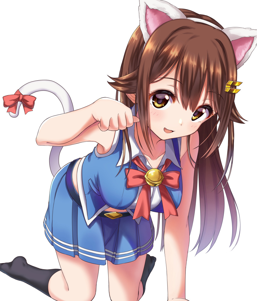 absurdres animal_ears bangs bell black_legwear blue_skirt bow bowtie breasts brown_eyes brown_hair cat_ears cat_tail collarbone commentary_request eyebrows_visible_through_hair hair_between_eyes hair_flaps hair_ornament hairclip highres jingle_bell kneeling long_hair looking_at_viewer medium_breasts open_mouth paw_pose pleated_skirt rariemonn ribbon simple_background skirt sleeveless smile socks solo tail thighs tokino_sora tokino_sora_channel virtual_youtuber white_background