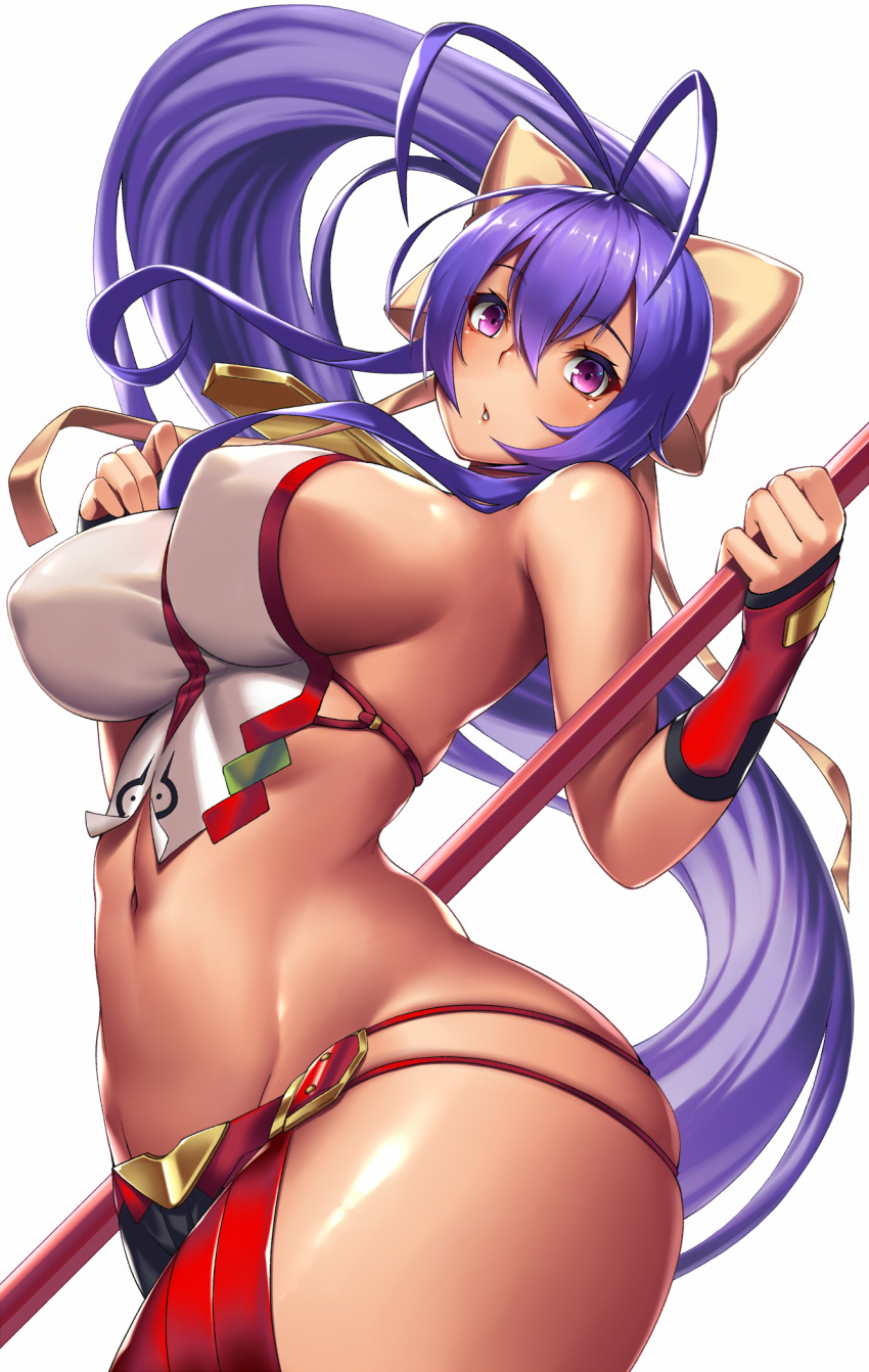 1girl antenna_hair bangs bare_shoulders blazblue blazblue_remix_heart blue_hair blush bow breasts curvy fingerless_gloves floating_hair gloves groin hair_between_eyes hair_bow hand_up highres holding holding_weapon large_breasts long_hair looking_at_viewer mai_natsume open_mouth ponytail purple_eyes ribbon shiny shiny_skin sideboob sidelocks skindentation solo takanashi-a very_long_hair weapon yellow_bow