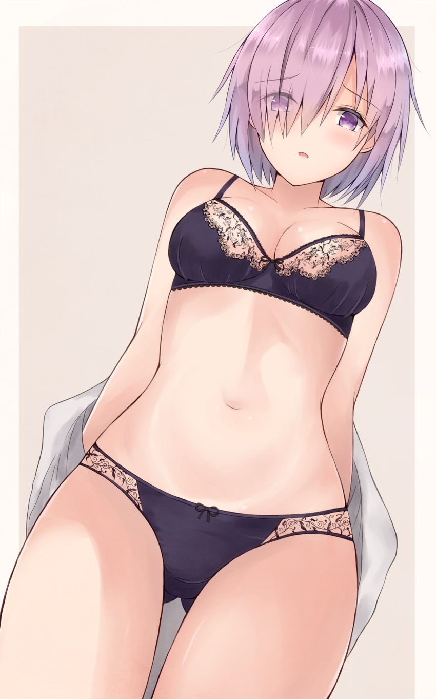 arms_behind_back ass_visible_through_thighs bangs black_bra black_panties blush bow bow_panties bra breasts cleavage collarbone commentary cowboy_shot dutch_angle eyebrows_visible_through_hair eyes_visible_through_hair fate/grand_order fate_(series) hair_over_one_eye highres lace lace-trimmed_bra looking_at_viewer mash_kyrielight navel off_shoulder open_mouth outside_border panties purple_eyes purple_hair shiny shiny_skin shirt short_hair simple_background small_breasts solo standing thigh_gap underwear white_shirt yuzuzukushi