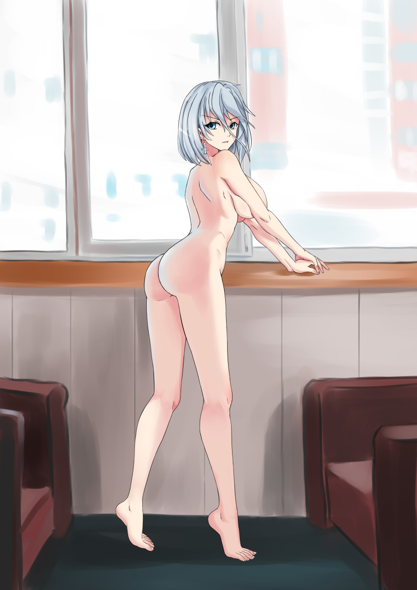absurdres ass azur_lane blue_eyes body_blush breasts carpet chinese_commentary commentary_request convenient_arm earrings eyebrows_visible_through_hair furniture hair_between_eyes highres jewelry large_breasts looking_at_viewer nude short_hair silver_hair solo the_hermit tirpitz_(azur_lane) window windowsill wooden_wall