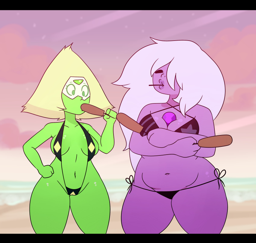 2016 alien amethyst_(steven_universe) bikini breasts cartoon_network cleavage clothed clothing duo female gem_(species) hi_res navel not_furry peridot_(steven_universe) slightly_chubby sling_bikini somescrub steven_universe swimsuit thick_thighs wide_hips
