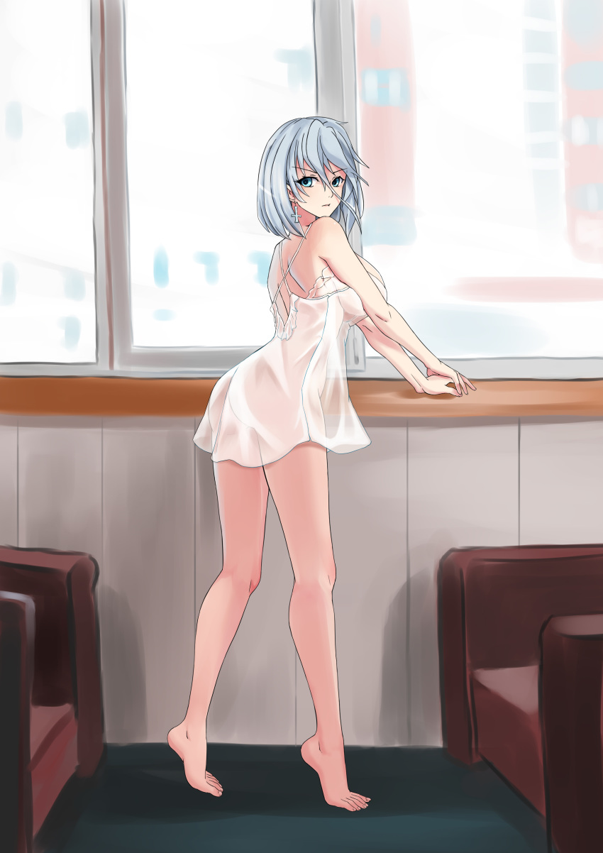 absurdres ass azur_lane barefoot blue_eyes body_blush breasts chair chinese_commentary closed_mouth commentary_request convenient_arm earrings eyebrows_visible_through_hair furniture hair_between_eyes highres indoors jewelry large_breasts lingerie looking_at_viewer negligee silver_hair solo the_hermit tiptoes tirpitz_(azur_lane) underwear wall window windowsill
