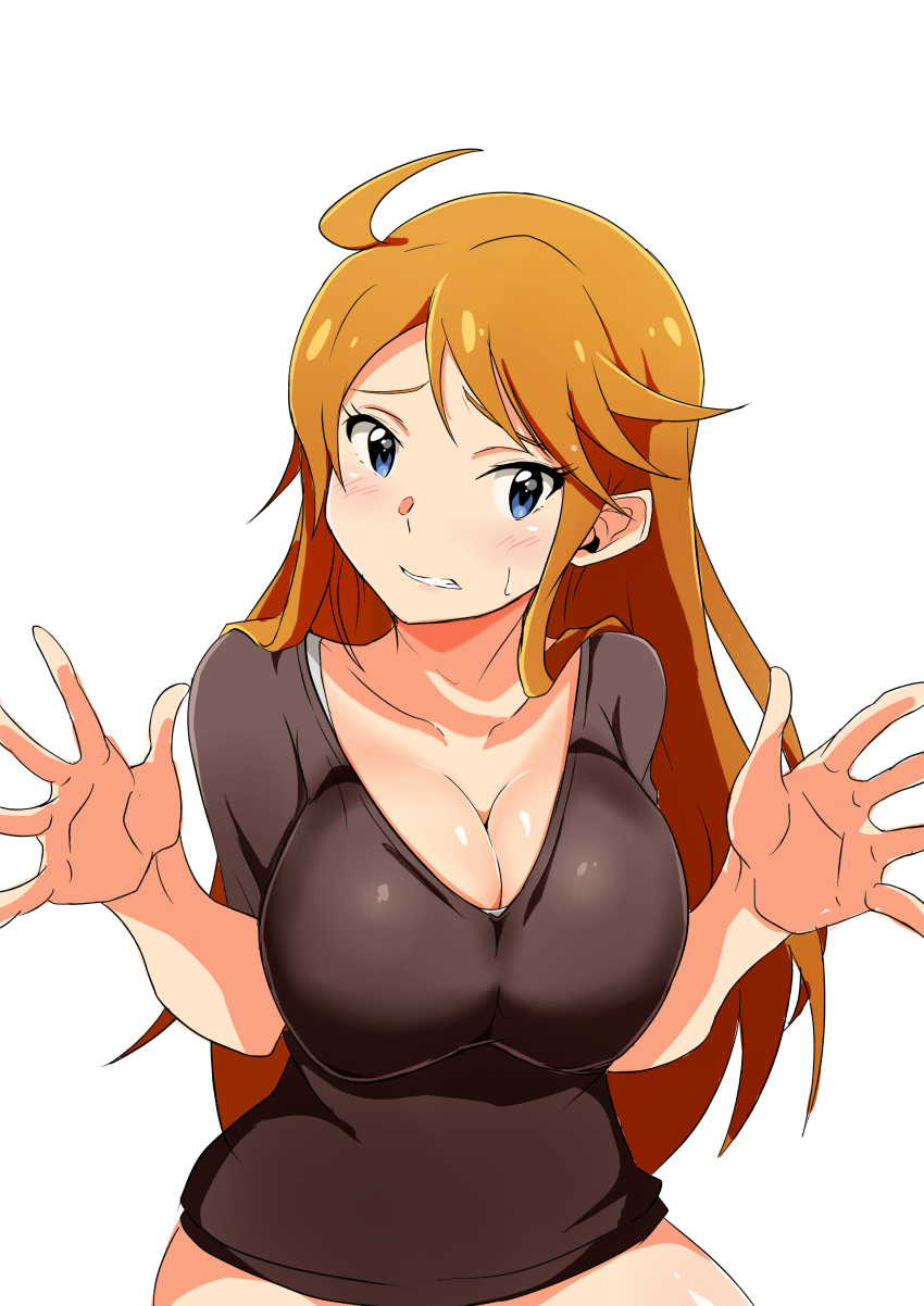 absurdres black_shirt blue_eyes blush breasts brown_hair cleavage clenched_teeth highres idolmaster idolmaster_million_live! j.roswel large_breasts long_hair shirt simple_background solo sweatdrop teeth tokoro_megumi very_long_hair white_background