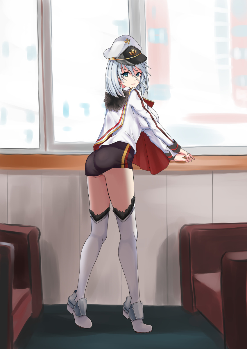 absurdres ass azur_lane blue_eyes boots breasts capelet carpet chinese_commentary closed_mouth commentary_request earrings eyebrows_visible_through_hair fur_trim furniture gloves hair_between_eyes hat highres jewelry large_breasts long_sleeves looking_at_viewer military military_uniform peaked_cap short_hair silver_hair skirt solo the_hermit thighhighs tirpitz_(azur_lane) uniform wall white_footwear white_gloves window windowsill wooden_wall