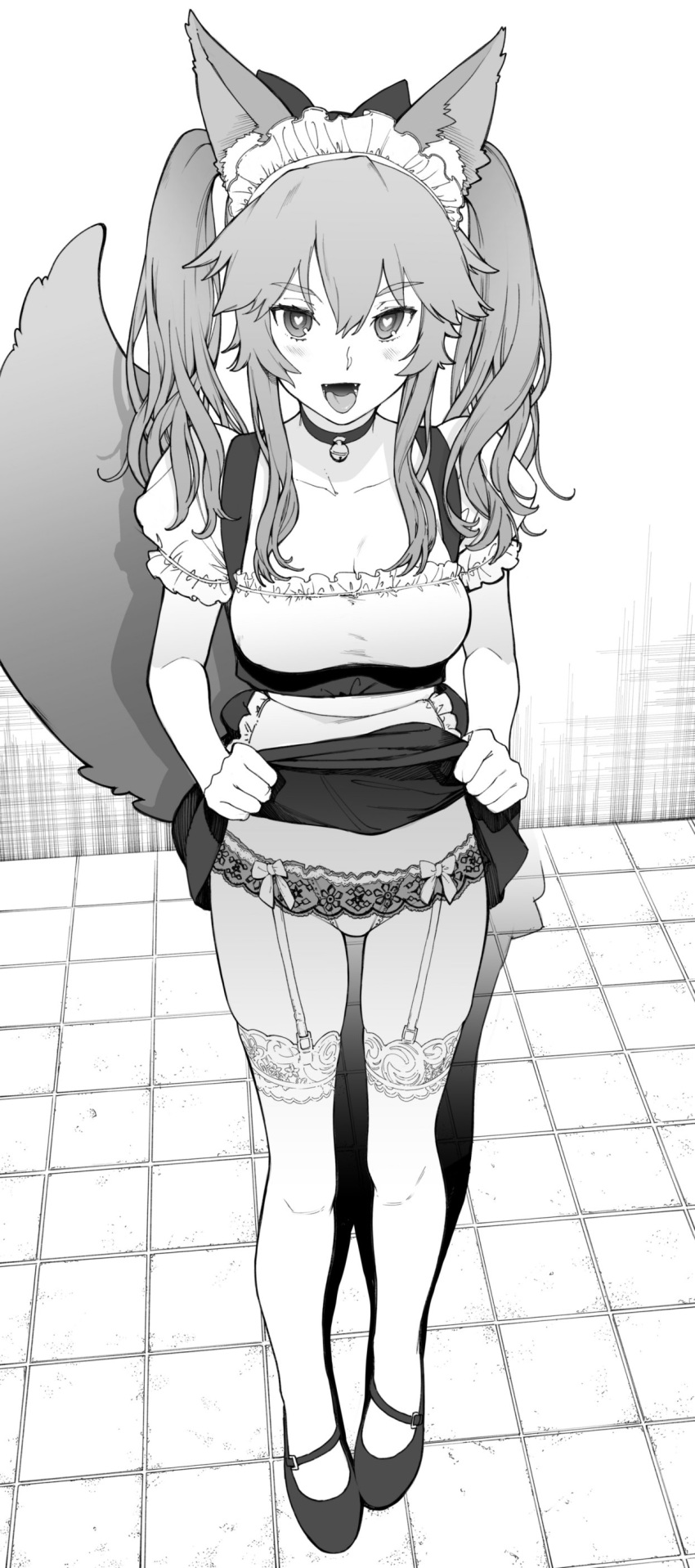 :d absurdres apron bell bell_choker choker collarbone daftbonkers dress dress_lift fangs fate/extra fate_(series) food fox_tail full_body garter_belt greyscale heart heart-shaped_pupils highres long_hair looking_at_viewer maid maid_apron maid_headdress monochrome open_mouth panties smile solo standing symbol-shaped_pupils tail tamamo_(fate)_(all) tamamo_no_mae_(fate) thighhighs tongue twintails underwear white_background