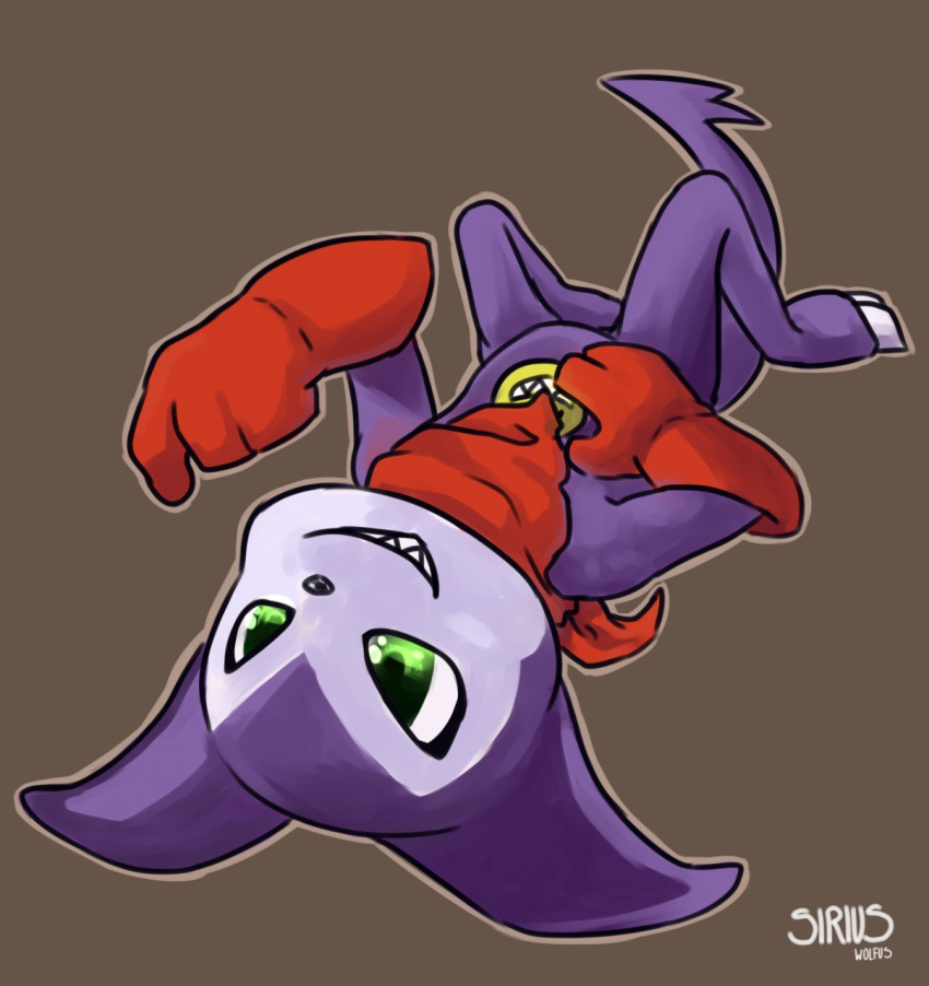 2017 3_fingers barefoot big_head black_nose brown_background claws clothing digimon digital_media_(artwork) featureless_crotch gloves green_eyes hand_on_stomach imp impmon lying mostly_nude neckerchief on_back outline purple_skin red_armwear red_clothing sharp_teeth simple_background siriuswolfus smile solo tail_between_legs teeth white_skin