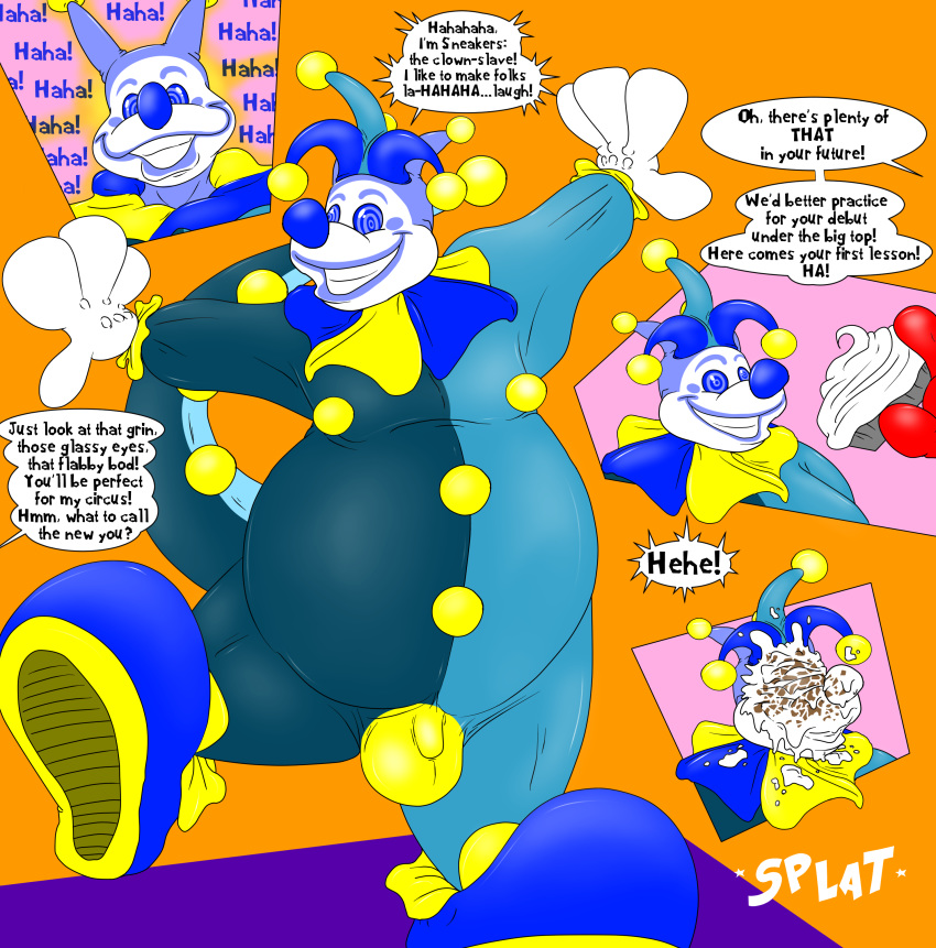 2016 4_fingers absurd_res anthro balls blue_eyes blue_nose brainwashing butt clothing clown dialogue digital_drawing_(artwork) digital_media_(artwork) duo english_text food gloves hi_res kanada laugh makeup male mammal mind_control nude orange_background overweight penis pie reptile scalie simple_background smile snake_tornado solo_focus sound_effects speech_bubble spiral spiral_eyes standing teeth text transformation