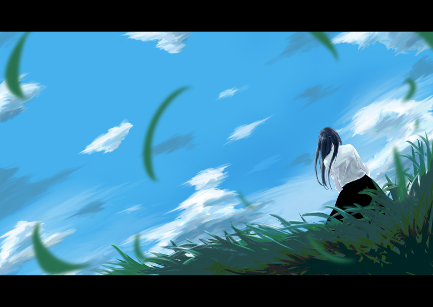 absurdres black_hair black_skirt blue_sky cloud day dutch_angle from_behind grass hair_blowing highres letterboxed long_hair long_sleeves natsukitsuna original scenery shirt skirt sky solo white_shirt wind