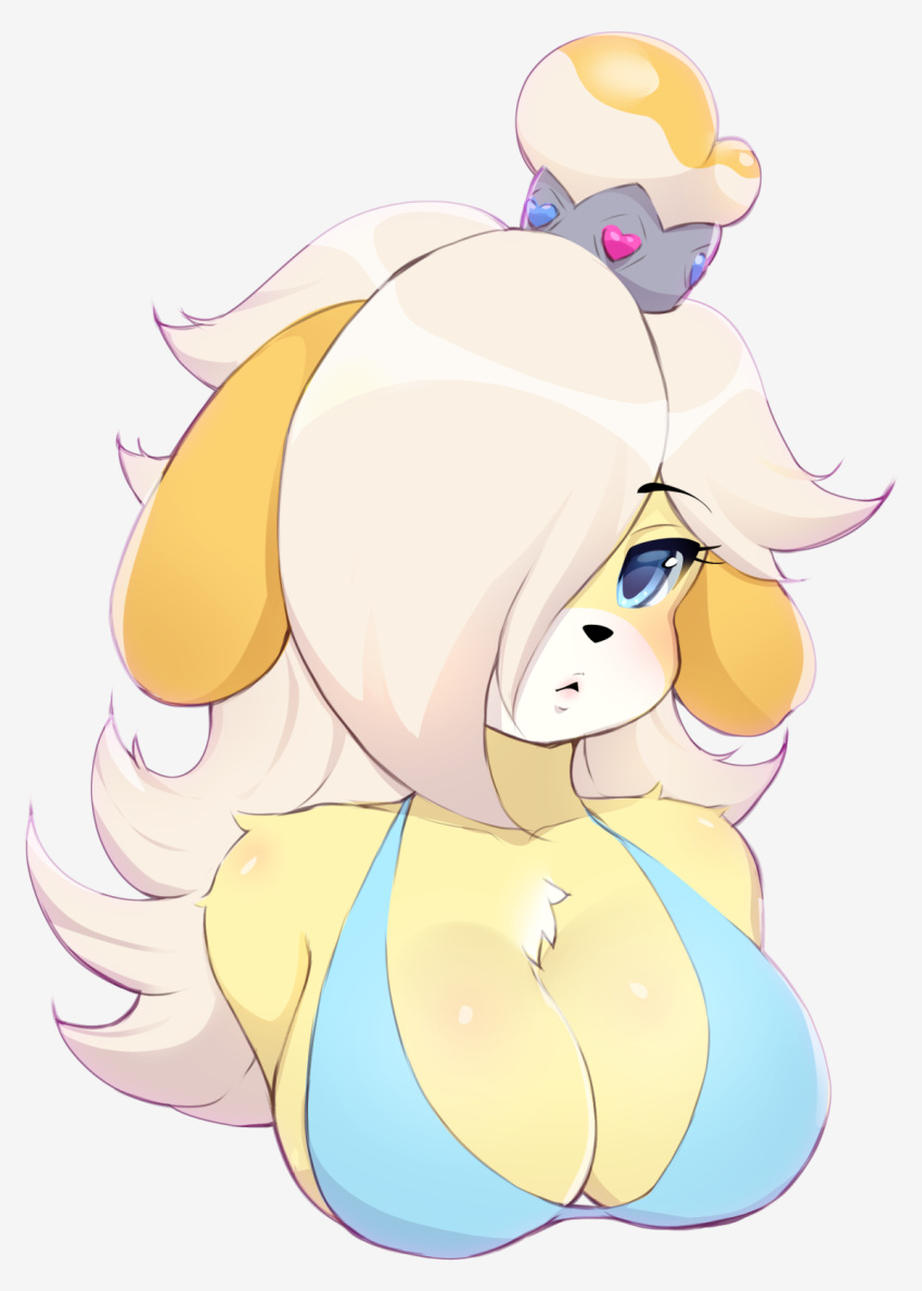 2018 animal_crossing anthro blue_eyes breasts bust_portrait canine cleavage clothed clothing digital_media_(artwork) dog female fusion hair hair_over_eye hi_res isabelle_(animal_crossing) long_hair looking_at_viewer mammal mario_bros nintendo pastelletta portrait rosalina_(mario) shih_tzu simple_background solo super_mario_galaxy video_games