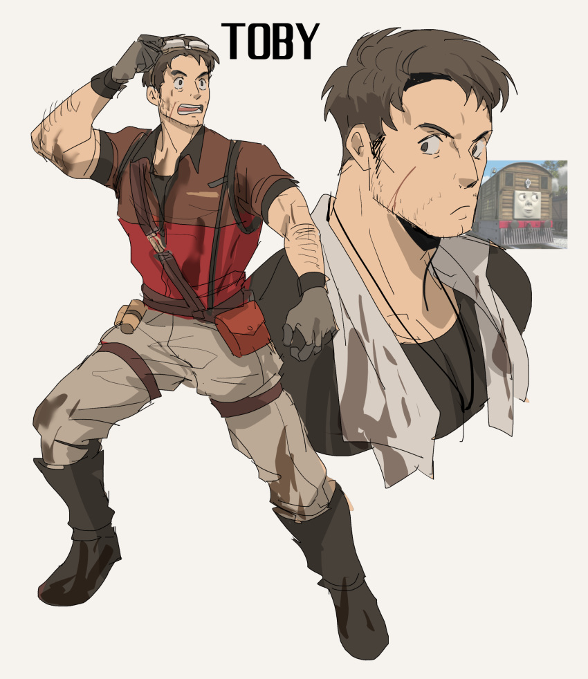 belt character_name facial_hair full_body gloves grey_background grey_gloves highres kendy_(revolocities) male_focus mechanic personification photo_inset simple_background solo stubble thomas_the_tank_engine toby_the_tram_engine