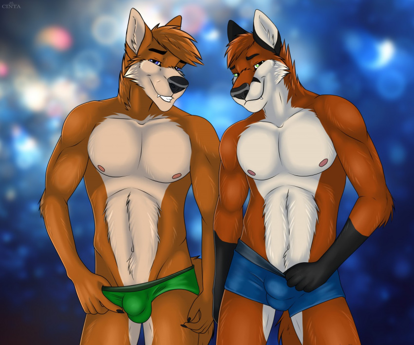 2018 anthro athletic black_fur black_nose blue_eyes blurred_background bulge canine cinta clothed clothing duo eyebrows fox fur gloves_(marking) hair hand_on_hip looking_at_viewer male mammal markings multicolored_fur nipples orange_fur orange_hair pose sharp_teeth standing teeth topless two_tone_fur underwear white_fur yellow_eyes