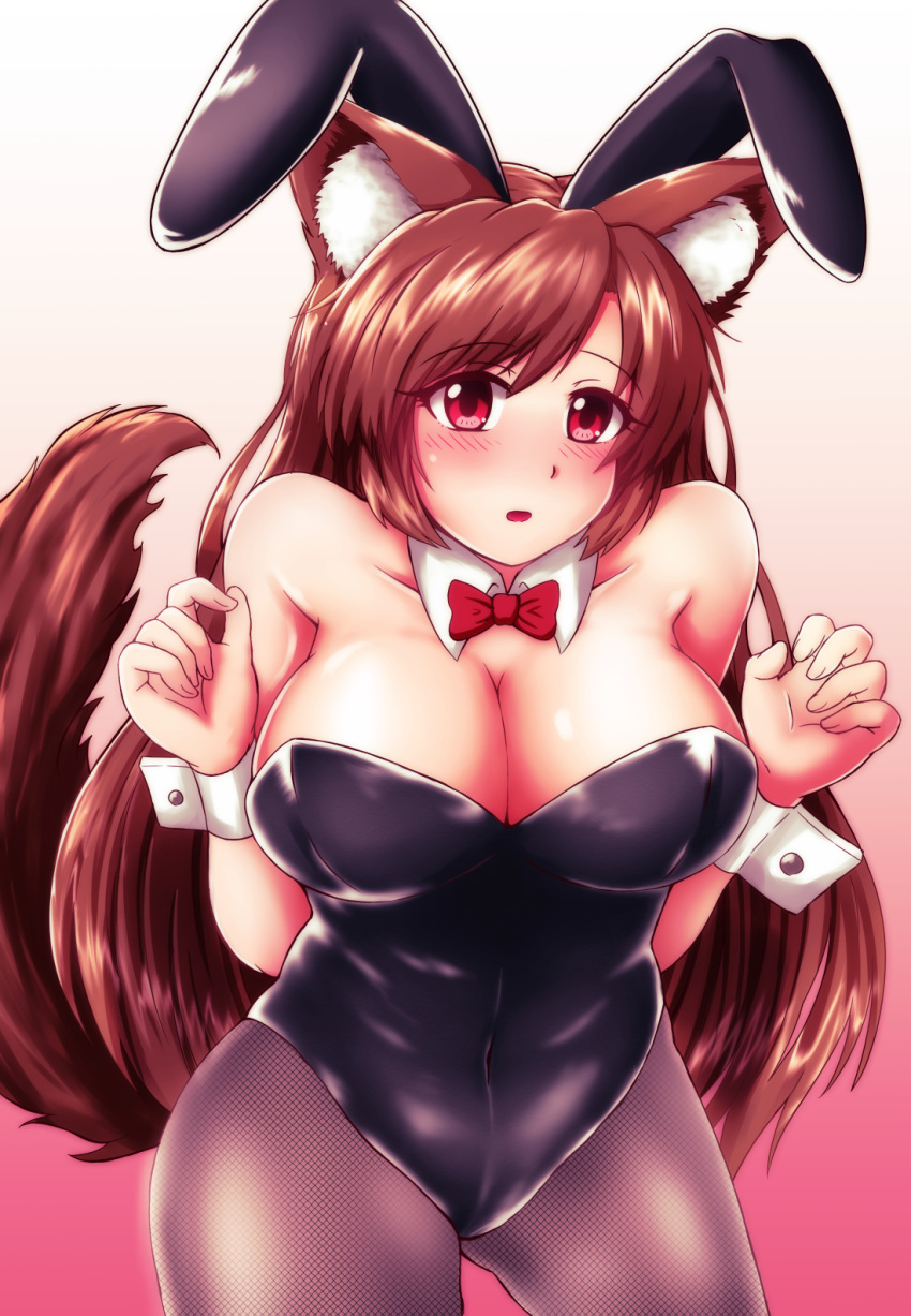 animal_ears bare_shoulders black_leotard bow bowtie breasts bunny_ears bunny_girl bunnysuit cleavage collarbone commentary_request covered_navel detached_collar fake_animal_ears fishnet_pantyhose fishnets gradient gradient_background high_heels highres imaizumi_kagerou large_breasts leotard long_hair looking_at_viewer open_mouth pantyhose red_eyes solo sotomichi strapless strapless_leotard tail tail_raised touhou wolf_ears wolf_tail wrist_cuffs