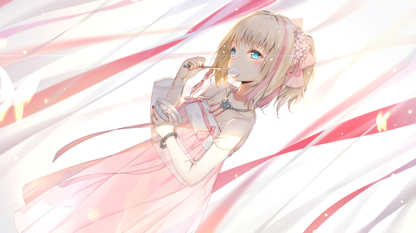 azur_lane blonde_hair blue_eyes blush bowl bracelet braid collarbone commentary_request dress dutch_angle eating fingernails food fork gradient_hair head_tilt highres holding holding_bowl holding_fork jewelry long_hair long_sleeves maya_g multicolored_hair nail_polish pink_dress pink_hair red_nails richmond_(azur_lane) ring see-through solo streaked_hair wide_sleeves