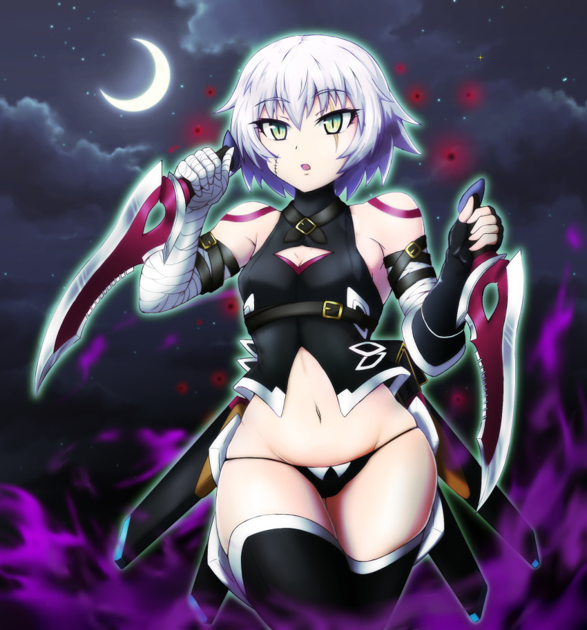 arm_belt bandaged_arm bandages black_panties breasts crescent_moon dagger dual_wielding facial_scar fate/apocrypha fate/grand_order fate_(series) gloves green_eyes groin highres holding holding_knife jack_the_ripper_(fate/apocrypha) knife lowleg lowleg_panties moon navel night night_sky panties scar scar_across_eye scar_on_cheek shoulder_tattoo silver_hair single_glove sky small_breasts solo sotomichi tattoo thighs underwear weapon