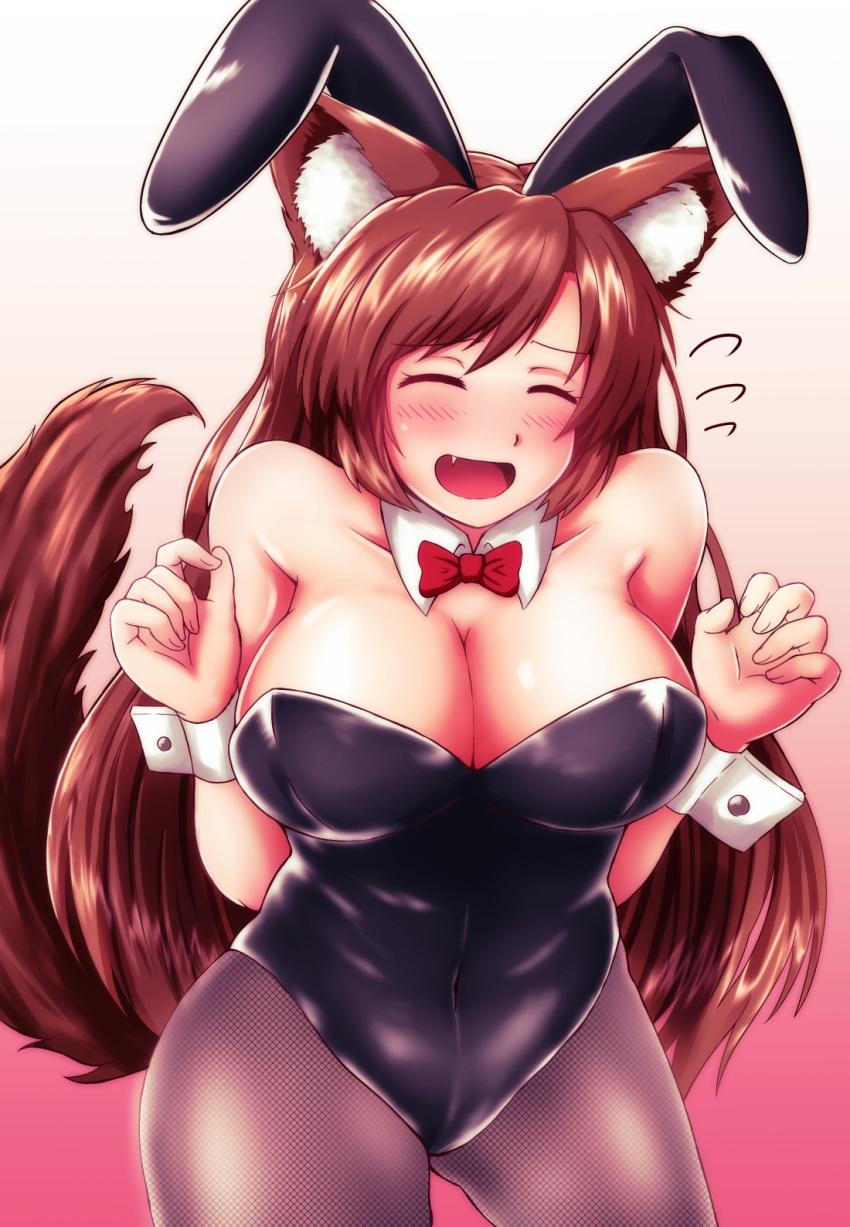 animal_ears bare_shoulders black_leotard bow bowtie breasts bunny_ears bunny_girl bunnysuit cleavage closed_eyes collarbone commentary_request covered_navel detached_collar fake_animal_ears fang fishnet_pantyhose fishnets gradient gradient_background high_heels highres imaizumi_kagerou large_breasts leotard long_hair looking_at_viewer open_mouth pantyhose solo sotomichi strapless strapless_leotard tail tail_raised touhou wolf_ears wolf_tail wrist_cuffs