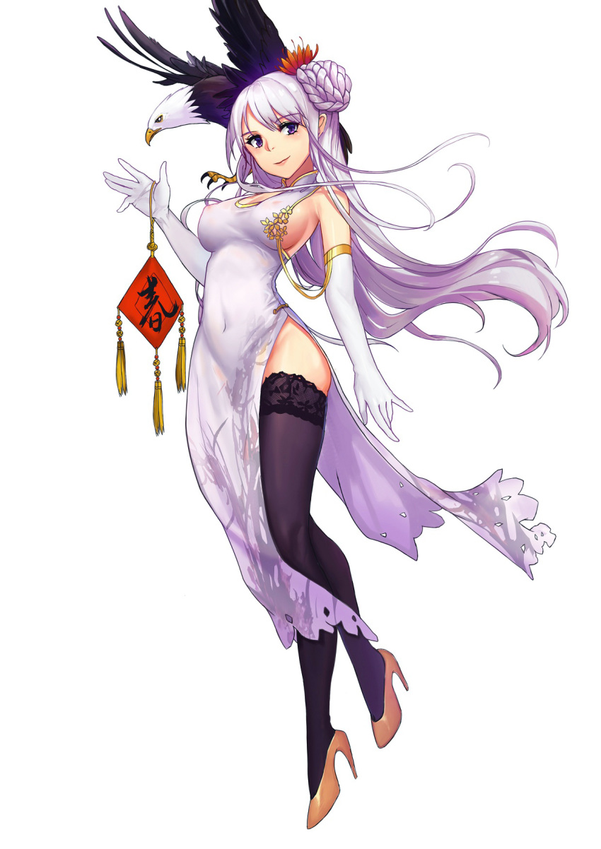 alternate_costume alternate_hairstyle armpits azur_lane bald_eagle bare_shoulders bird black_legwear breasts china_dress chinese_clothes cleavage cleavage_cutout closed_mouth commentary_request covered_navel covered_nipples dress eagle elbow_gloves enterprise_(azur_lane) eyebrows_visible_through_hair eyelashes floating_hair flower flower_ornament from_below full_body gloves hair_bun hair_flower hair_ornament highres holding lmz1234tapir long_hair looking_at_viewer medium_breasts no_panties purple_eyes shoes side_slit sideboob silver_hair sleeveless sleeveless_dress solo thighhighs white_dress white_gloves yellow_footwear