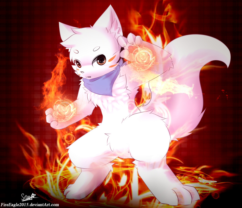 2018 blush canine fan_character fire fireball lyricwulf male mammal scarf senz solo standing wolf