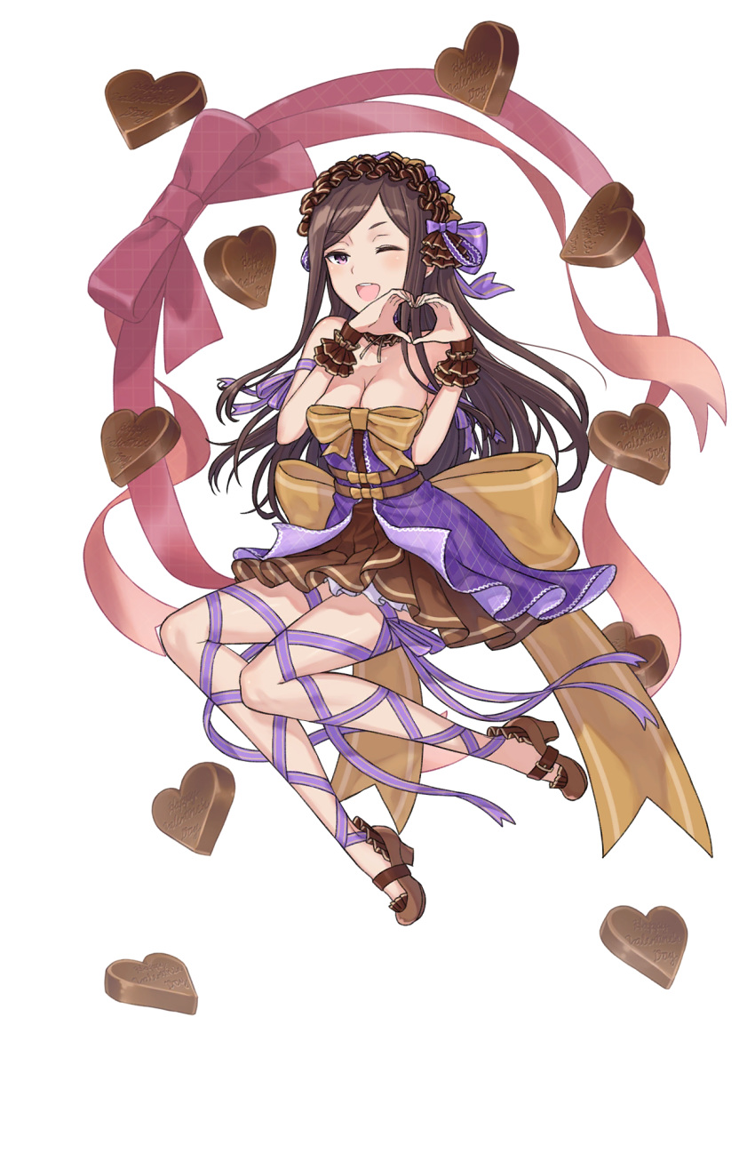 ;d bare_shoulders bow breasts brown_choker brown_footwear brown_hair brown_skirt chocolate chocolate_heart choker dorothy_(princess_principal) full_body hair_bow hairband happy_valentine heart heart_hands high_heels highres leg_ribbon long_hair looking_at_viewer medium_breasts official_art one_eye_closed open_mouth princess_principal princess_principal_game_of_mission purple_bow purple_eyes purple_ribbon purple_skirt ribbon skirt smile solo transparent_background valentine