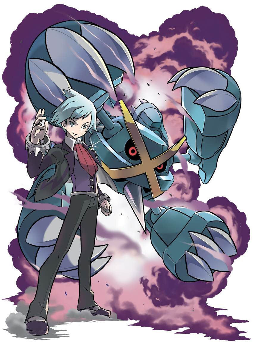 absurd_res alpha_channel ambiguous_gender blue_eyes blue_hair clothed clothing duo hair hi_res human ken_sugimori looking_at_viewer male mammal mega_evolution mega_metagross nintendo official_art pok&eacute;mon pok&eacute;mon_(species) simple_background steven_stone transparent_background video_games