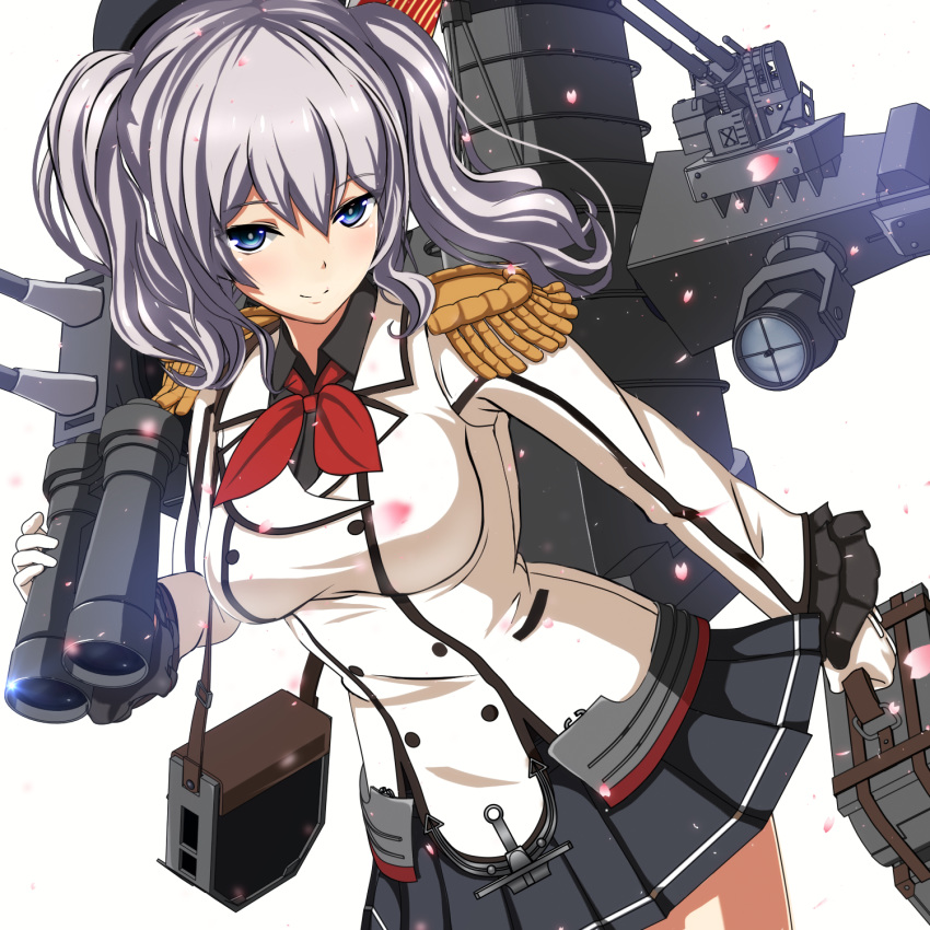 beret binoculars black_hat blue_eyes breasts closed_mouth collared_shirt cowboy_shot epaulettes frilled_sleeves frills gloves grey_shirt hat highres jacket kantai_collection kashima_(kantai_collection) large_breasts long_hair long_sleeves looking_at_viewer pleated_skirt ponpu-chou rigging searchlight shirt silver_hair simple_background skirt smile smokestack solo striped striped_skirt turret white_background white_gloves white_jacket