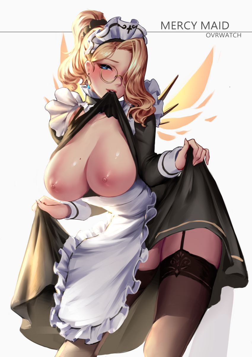 breasts cianyo maid megane mercy_(overwatch) overwatch thighhighs wings