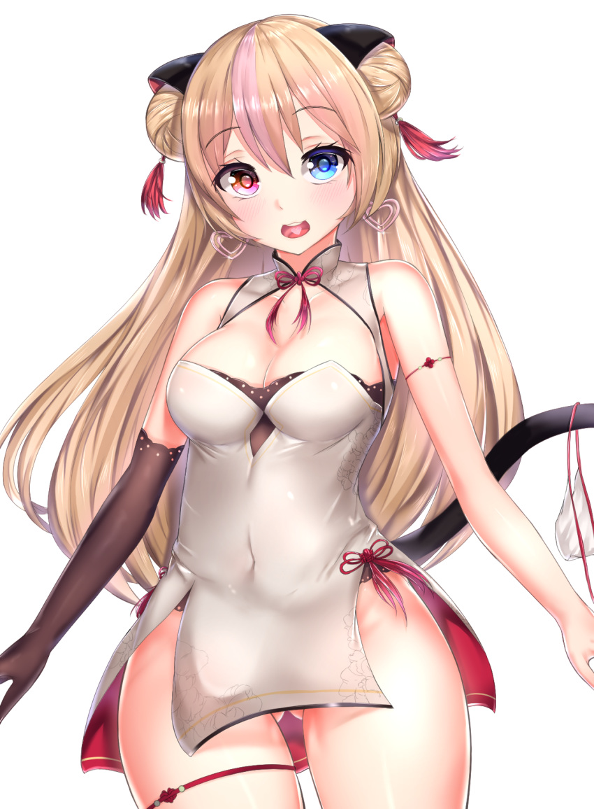 animal_ears armlet arms_at_sides ass_visible_through_thighs bangs bell black_gloves blonde_hair blue_eyes blush breasts brown_hair cat_ears cat_tail china_dress chinese_clothes cleavage cleavage_cutout covered_navel cowboy_shot double_bun dress earrings elbow_gloves eyebrows_visible_through_hair girls_frontline gloves gmkj head_tilt heart heart_earrings heterochromia highres jewelry long_hair looking_at_viewer medium_breasts mk_23_(girls_frontline) multicolored_hair open_mouth panties panties_aside pelvic_curtain red_eyes side_slit sidelocks single_glove solo standing streaked_hair tail thigh_strap underwear white_background