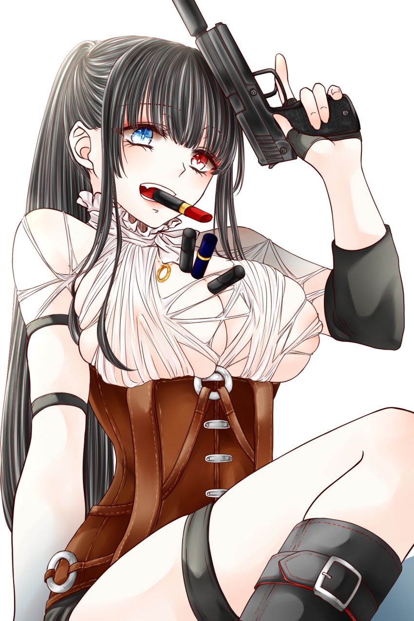 between_breasts black_hair blue_eyes breasts cleavage corset elbow_pads emma_x_flower gun heterochromia highres holding holding_gun holding_weapon jewelry large_breasts lipstick_tube long_hair looking_at_viewer mouth_hold necklace o-ring original red_eyes ring sitting solo weapon