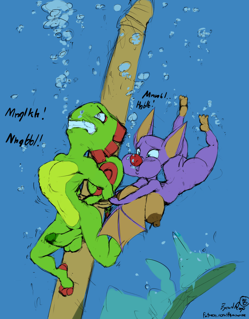 anthro asphyxiation barefoot bdsm big_breasts bondage bound breasts byondrage chameleon chiropteran cleavage clenched_teeth clothed clothing diving drowning duo erection feet holding_breath kick laylee lizard mammal nipples penis peril puffed_cheeks reptile rescue scalie shipwreck swimming teeth underwater water wings yooka yooka-laylee