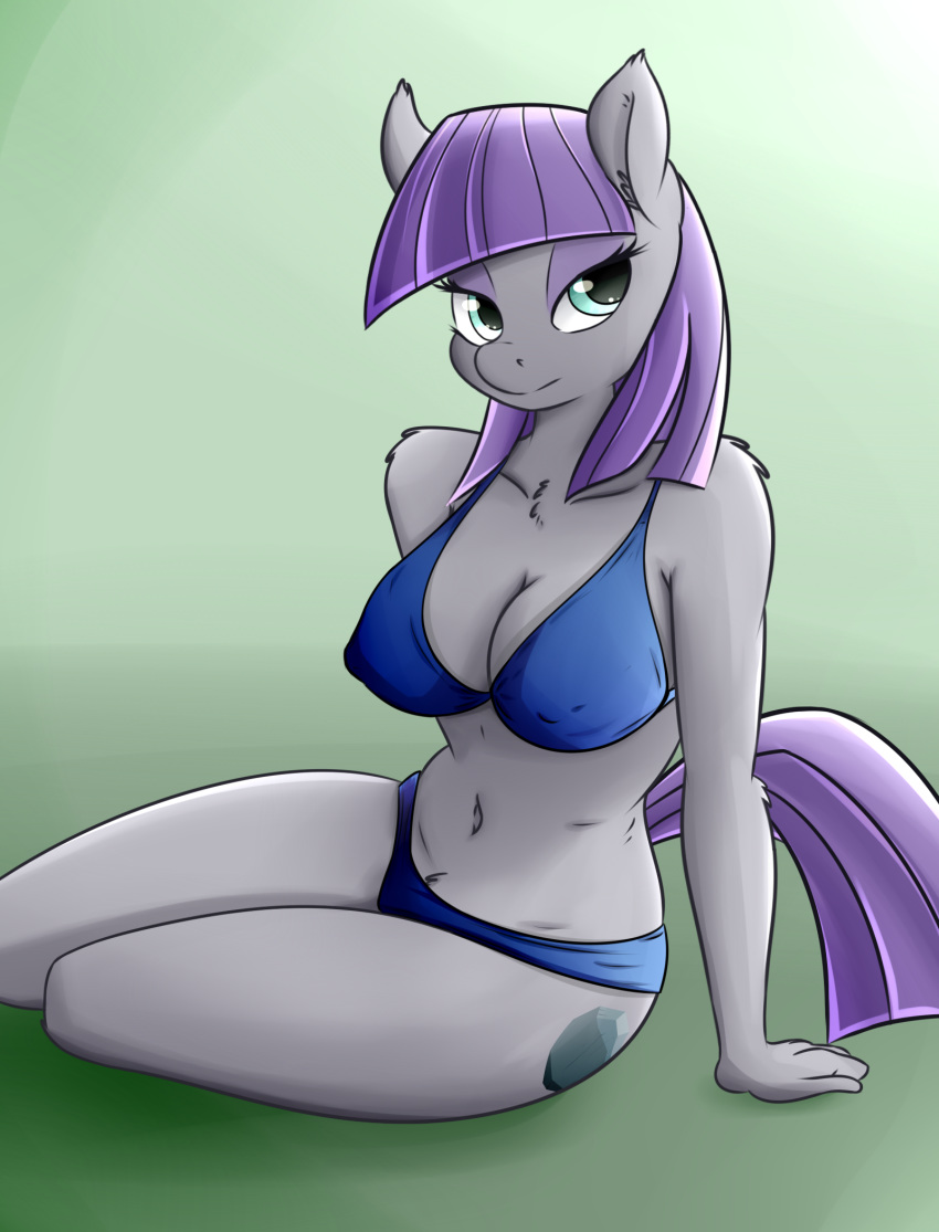 2018 anthro bra breasts chest_tuff cleavage clothed clothing cutie_mark earth_pony equine eyelashes eyeshadow female friendship_is_magic fully_clothed fur green_background hair hi_res horse huckser inner_ear_fluff makeup mammal mascara maud_pie_(mlp) my_little_pony navel panties pony portrait purple_hair shadow simple_background sitting solo teal_eyes underwear