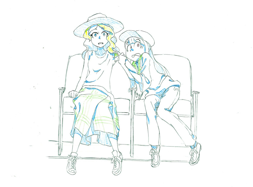 2girls blonde_hair canon chair date diana_cavendish dress hat kagari_atsuko little_witch_academia looking_at_viewer monochrome multiple_girls official_art pants scared shirt sitting yuri