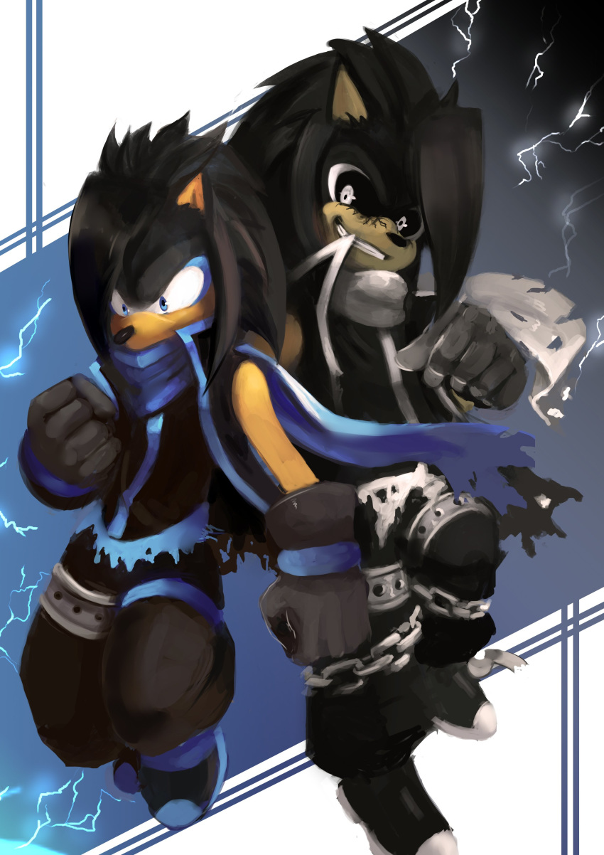 2017 alter_ego anthro black_sclera blue_eyes chain clothed clothing duo electricity fan_character gloves hedgehog male mammal mothmandraws scarf sonic_(series) torn_clothing white_eyes
