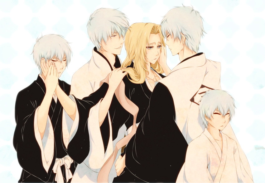 4boys black_kimono bleach blonde_hair blue_eyes closed_eyes collarbone commentary_request eri_momo frown hand_on_another's_face haori ichimaru_gin japanese_clothes jewelry kimono long_hair male_harem matsumoto_rangiku mole multiple_boys multiple_persona necklace obi open_eyes sash smile taichou_haori white_hair white_kimono younger