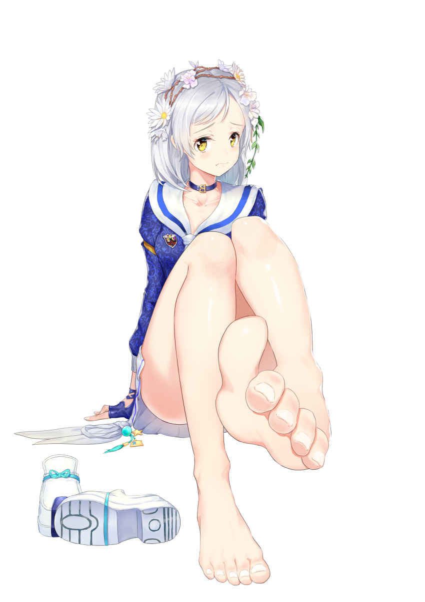 absurdres barefoot blade_&amp;_soul character_request commentary_request feet flower frown greem_bang hair_flower hair_ornament hairband highres korean_commentary looking_at_viewer shoes_removed short_hair silver_hair simple_background sitting solo toes white_background white_footwear yellow_eyes