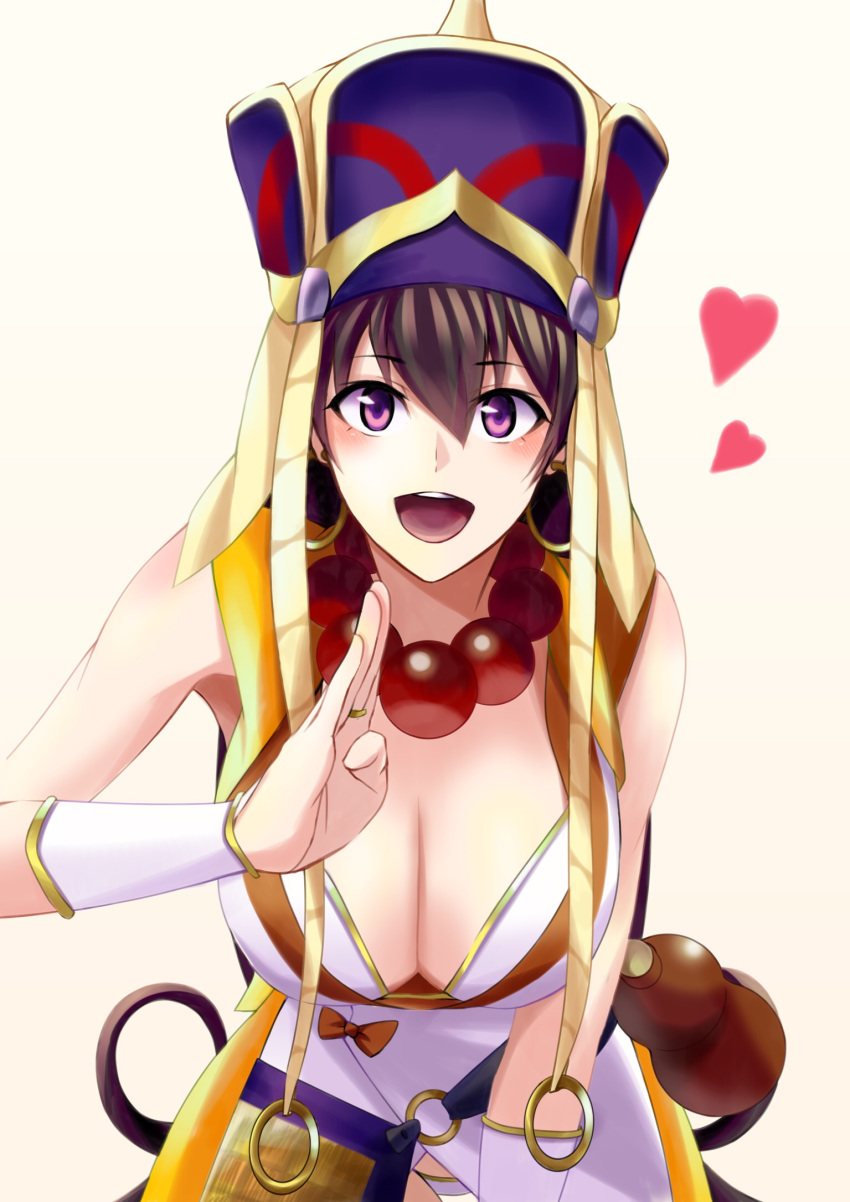 bangs bead_necklace beads bikini bikini_top blush breasts bridal_gauntlets brown_hair cleavage commentary_request downblouse earrings eyebrows_visible_through_hair fate/grand_order fate_(series) gourd hair_between_eyes hat headdress heart highres hoop_earrings japanese_clothes jewelry kimono large_breasts leaning_forward long_hair looking_at_viewer necklace o-ring open_mouth prayer_beads purple_eyes short_kimono simple_background sleeveless sleeveless_kimono smile solo swimsuit takagi_mitsukuni white_background white_bikini xuanzang_(fate/grand_order)