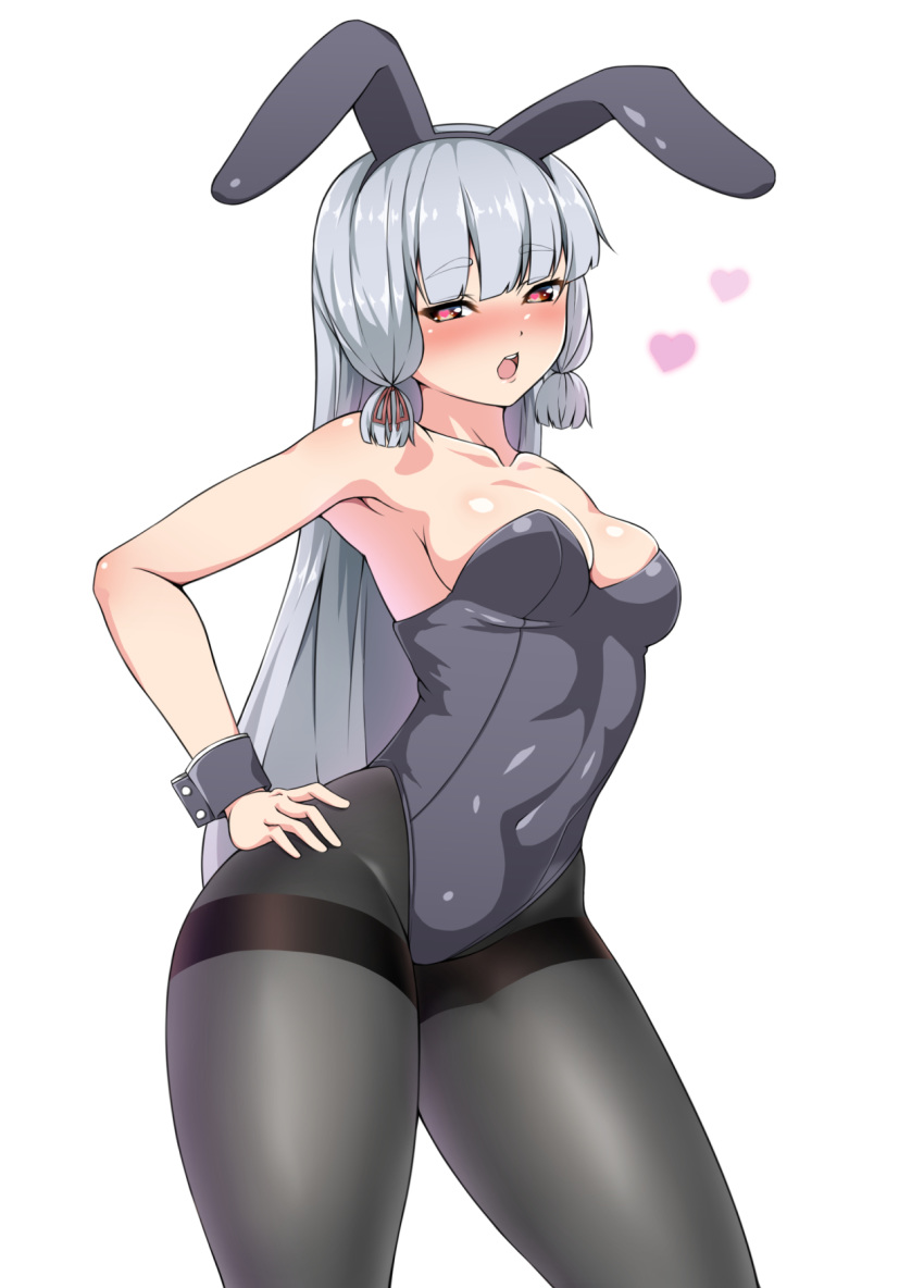 animal_ears armpit_crease armpits bangs bare_arms bare_shoulders black_legwear blunt_bangs blush breasts brown_eyes bunny_ears bunny_girl bunnysuit cleavage collarbone commentary_request contrapposto covered_navel cowboy_shot cuff_links fake_animal_ears fine_fabric_emphasis grey_hair grey_hairband grey_leotard hair_ribbon hairband half-closed_eyes hand_on_hip heart heart-shaped_pupils highres jito_mesuki_nitouhei kantai_collection leotard long_hair looking_at_viewer medium_breasts murakumo_(kantai_collection) open_mouth pantyhose remodel_(kantai_collection) ribbon round_teeth sideboob sidelocks simple_background solo standing straight_hair strapless strapless_leotard symbol-shaped_pupils teeth thighband_pantyhose thighs tress_ribbon very_long_hair white_background wide_hips wrist_cuffs