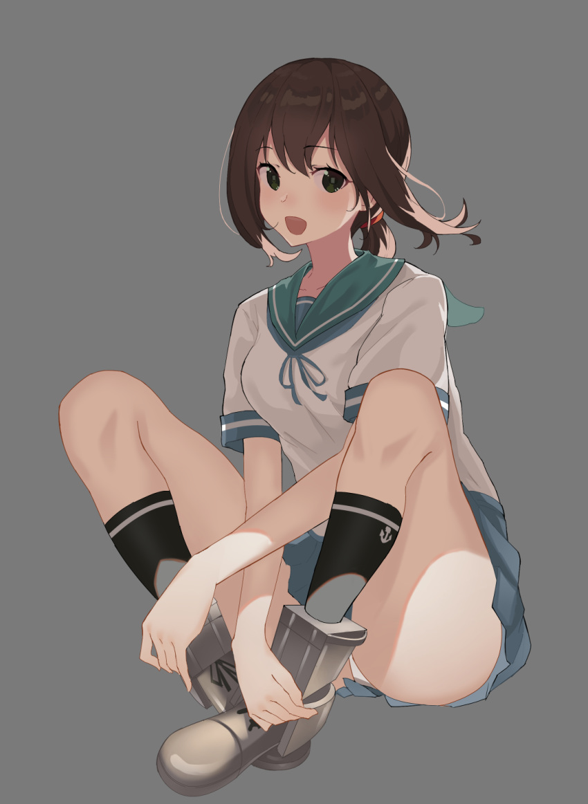 :d black_legwear blue_skirt brown_hair fubuki_(kantai_collection) green_eyes green_sailor_collar grey_background highres kantai_collection open_mouth oweee panties pleated_skirt sailor_collar school_uniform serafuku short_hair short_ponytail short_sleeves simple_background skirt smile solo underwear white_panties