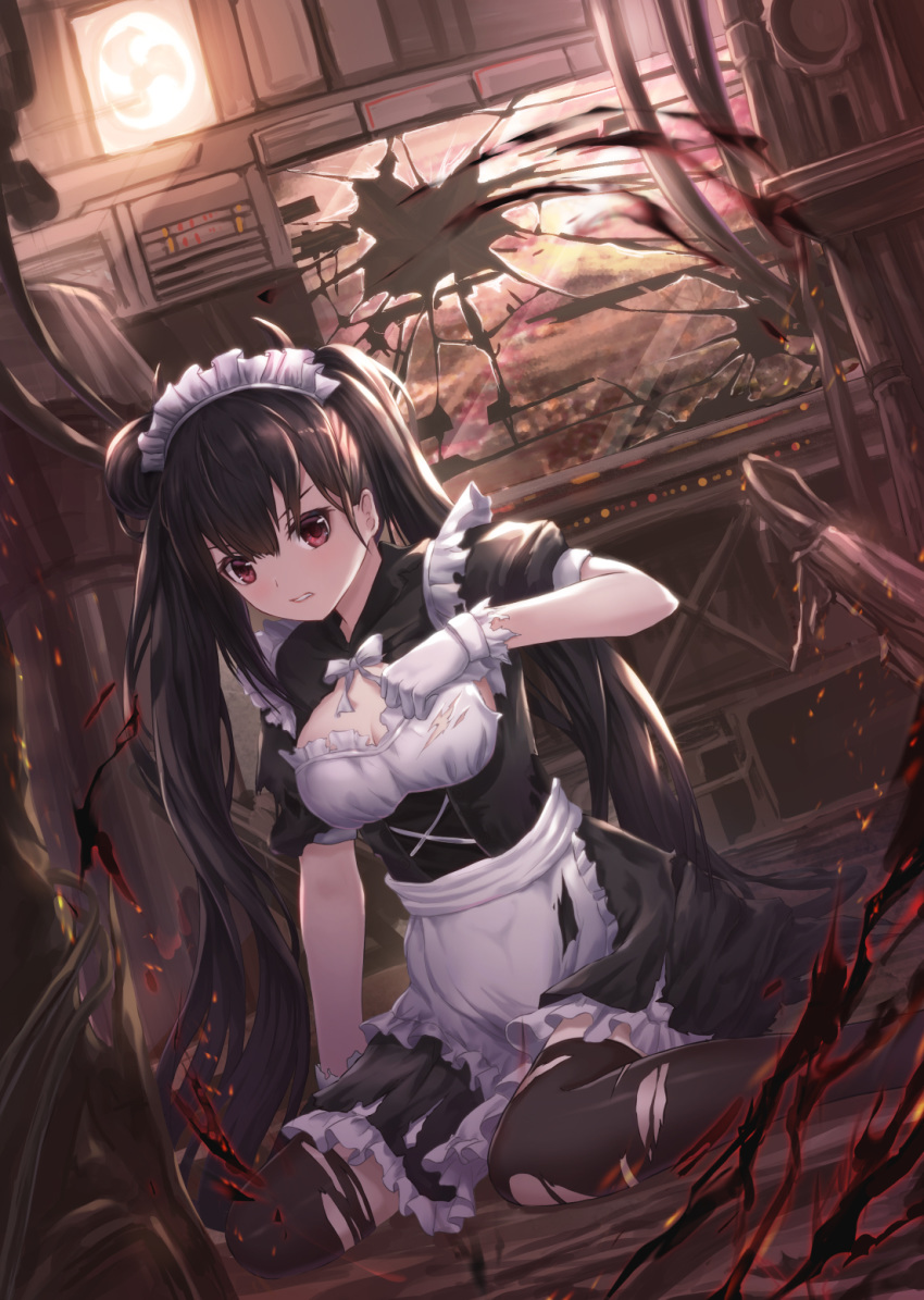 alternate_costume apron aqua_hair bangs black_dress black_legwear bow breasts broken_glass cleavage cleavage_cutout clenched_teeth commentary dress enmaided fan frilled_dress frills girls_frontline glass gloves hair_between_eyes hand_up highres light long_hair looking_at_viewer lunacle magic maid maid_headdress medium_breasts on_floor ouroboros_(girls_frontline) puffy_short_sleeves puffy_sleeves red_eyes sangvis_ferri short_sleeves sitting solo sparks teeth thighhighs torn_apron torn_clothes torn_dress torn_gloves torn_legwear twintails v-shaped_eyebrows ventilation_shaft very_long_hair waist_apron wariza white_apron white_bow white_gloves