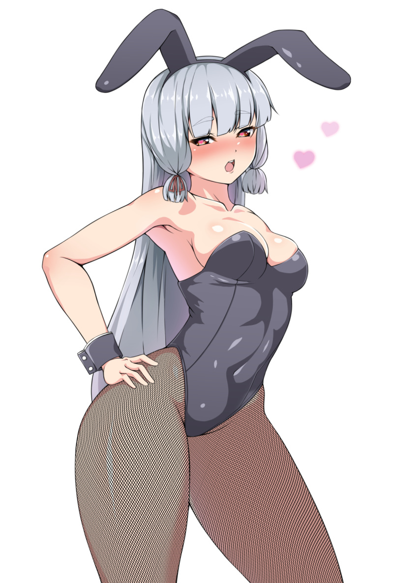 animal_ears armpit_crease armpits bangs bare_arms bare_shoulders black_legwear blunt_bangs blush breasts brown_eyes bunny_ears bunny_girl bunnysuit cleavage collarbone commentary_request contrapposto covered_navel cowboy_shot cuff_links fake_animal_ears fishnet_pantyhose fishnets grey_hair grey_hairband grey_leotard hair_ribbon hairband half-closed_eyes hand_on_hip heart heart-shaped_pupils highres jito_mesuki_nitouhei kantai_collection leotard long_hair looking_at_viewer medium_breasts murakumo_(kantai_collection) open_mouth pantyhose remodel_(kantai_collection) ribbon round_teeth sideboob sidelocks simple_background solo standing straight_hair strapless strapless_leotard symbol-shaped_pupils teeth thighs tress_ribbon very_long_hair white_background wide_hips wrist_cuffs
