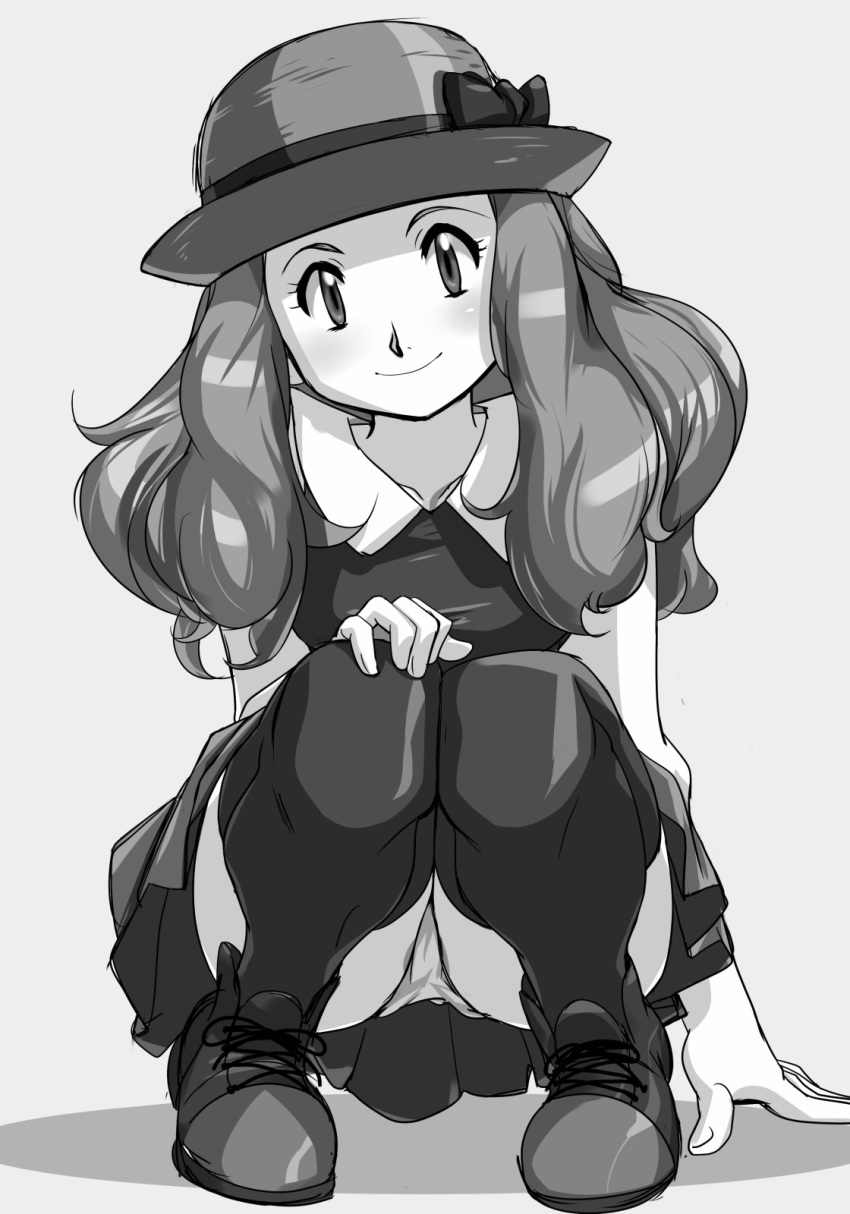 1girl ass breasts creatures_(company) female game_freak hat hikawadou long_hair looking_at_viewer monochrome nintendo panties pokemon pokemon_(game) pokemon_xy serena_(pokemon) shiny shiny_skin skirt smile solo squatting underwear