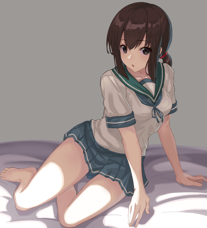 :o arm_support bangs bare_legs barefoot bed_sheet blue_ribbon blue_skirt blush breasts brown_eyes brown_hair collarbone eyebrows_visible_through_hair fubuki_(kantai_collection) grey_background hair_tie highres kantai_collection light long_hair looking_at_viewer low_ponytail medium_breasts miniskirt open_mouth oweee pleated_skirt reclining ribbon shirt short_sleeves sidelocks simple_background skirt solo thighs white_shirt