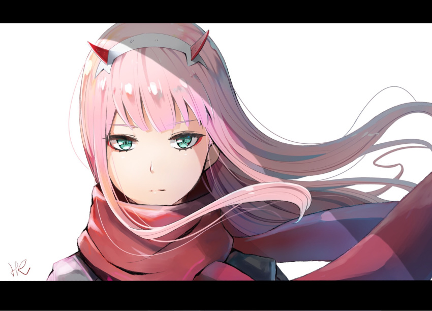 bangs blunt_bangs closed_mouth darling_in_the_franxx expressionless eyebrows_visible_through_hair eyeshadow face floating_hair hairband highres horns hoshizaki_reita letterboxed long_hair looking_at_viewer makeup red_scarf scarf shiny shiny_hair signature simple_background solo straight_hair tsurime upper_body white_background white_hairband wind zero_two_(darling_in_the_franxx)