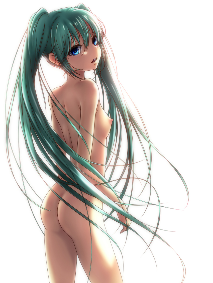 ass blue_eyes breasts commentary_request cowboy_shot expressionless from_side green_hair hatsune_miku highres kaede_tachibana long_hair looking_to_the_side nipples nude open_mouth small_breasts solo standing twintails very_long_hair vocaloid white_background