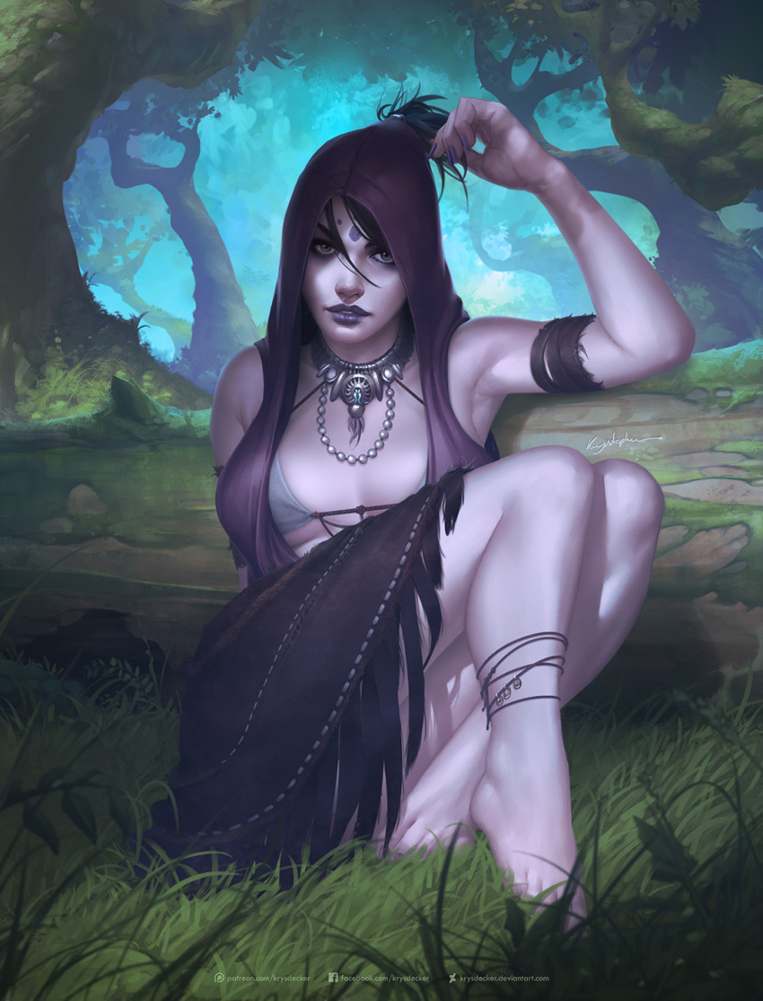anklet arm_up armband armpits barefoot bikini_top black_hair blue_eyes breasts breasts_apart center_opening commentary crossed_ankles dragon_age dragon_age:_origins dress eyeshadow facial_mark fallen_tree fingernails forehead_mark forest fringe_trim full_body grass hair_between_eyes highres hood jewelry knees_up krystopher_decker legs_together lips lipstick looking_at_viewer makeup medium_breasts morrigan moss nail_polish nature necklace on_ground outdoors pale_skin parted_lips purple_lipstick purple_nails purple_skin short_ponytail sitting skirt solo tree