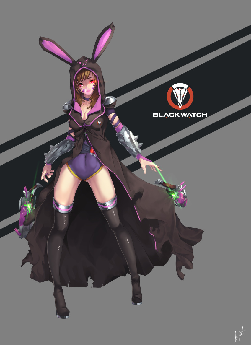 absurdres animal_ears black_footwear black_legwear boots bracer breasts brown_hair bubble_blowing bunny_ears chewing_gum cleavage collarbone d.va_(overwatch) facepaint facial_mark full_body fusion glowing glowing_eye grey_background gun highres hooded_coat leotard long_hair looking_at_another medium_breasts mute_(c20029) overwatch pauldrons purple_leotard reaper_(overwatch) red_eyes signature simple_background solo standing thigh_boots thighhighs torn_coat trench_coat weapon whisker_markings