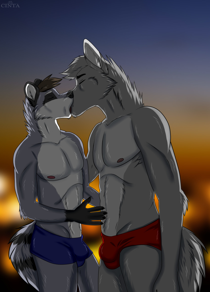 2018 absurd_res anthro black_fur black_nose blurred_background brown_hair bulge canine cinta clothed clothing duo eyes_closed fur gloves_(marking) grey_fur grey_hair hair hi_res kissing male male/male mammal markings multicolored_fur nipples procyonid raccoon romantic_couple standing topless two_tone_fur underwear wolf